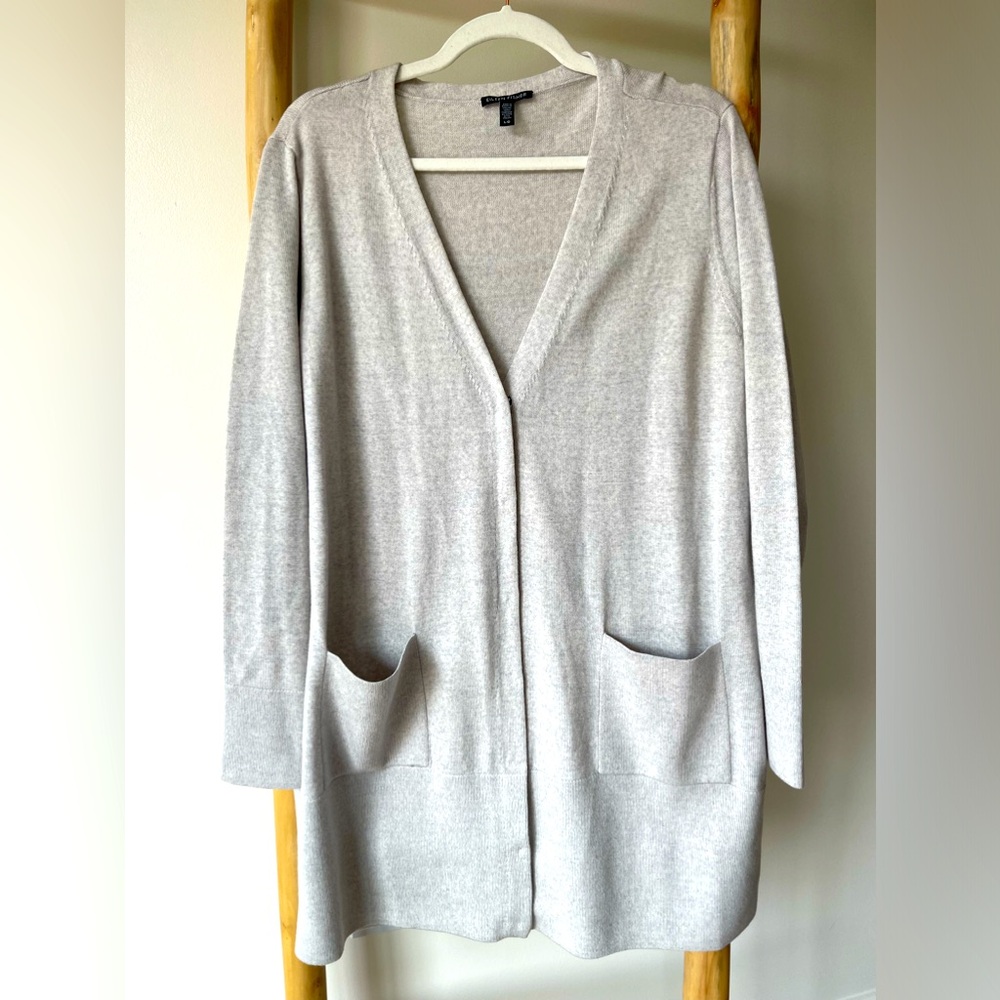 Eileen Fisher Fine Merino Wool Long V Neck Cardigan with Pockets Light Gray L - Picture 2 of 11